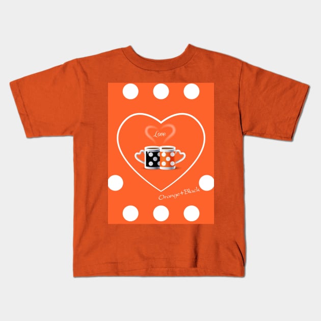 Coffee cups Orange & Black Polka Dots pattern Kids T-Shirt by sofiartmedia